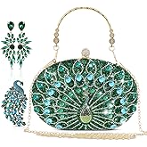 SilTriangle 3 Pcs Peacock Evening Clutch Purse Set for Women – Wedding Formal Rhinestone Handbag with Matching Earrings & Brooch, Green Crystal Bag for Prom, Party, Christmas Gifts