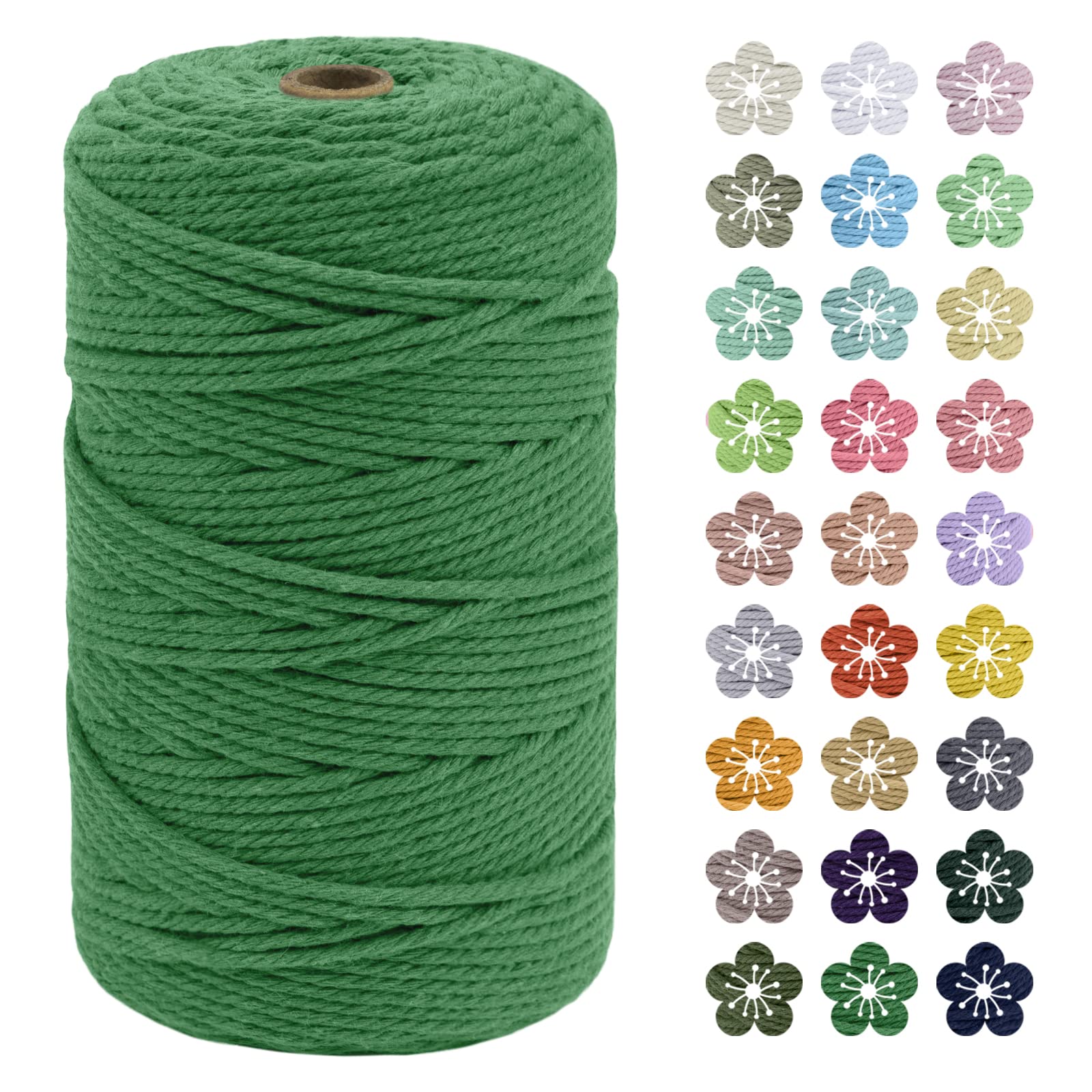 LEREATI Macrame Cord 3mm x 200m, Thick Macrame Rope Natural Cotton Rope Craft String, 4 Strand Twisted Cotton Cord Yarn for DIY Plant Hanger, Wall Hanging, Christmas Decoration (Green)