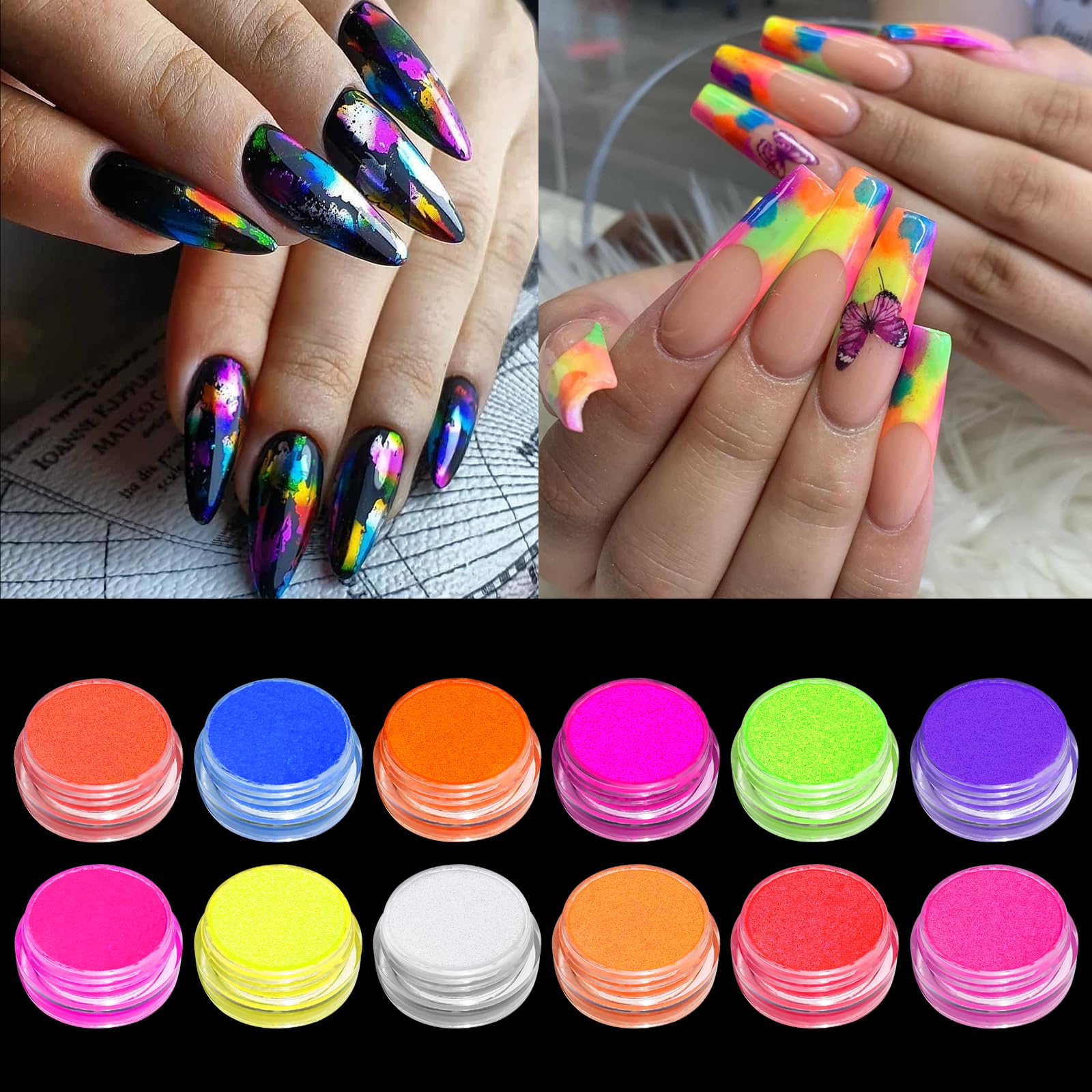 BISHENGYF Pigment Nail Powder Fluorescence Pigment Ultrafine Glitter Powder Nail Pigments Dust Nail Glitter Gradient Iridescent Nail Art Decoration