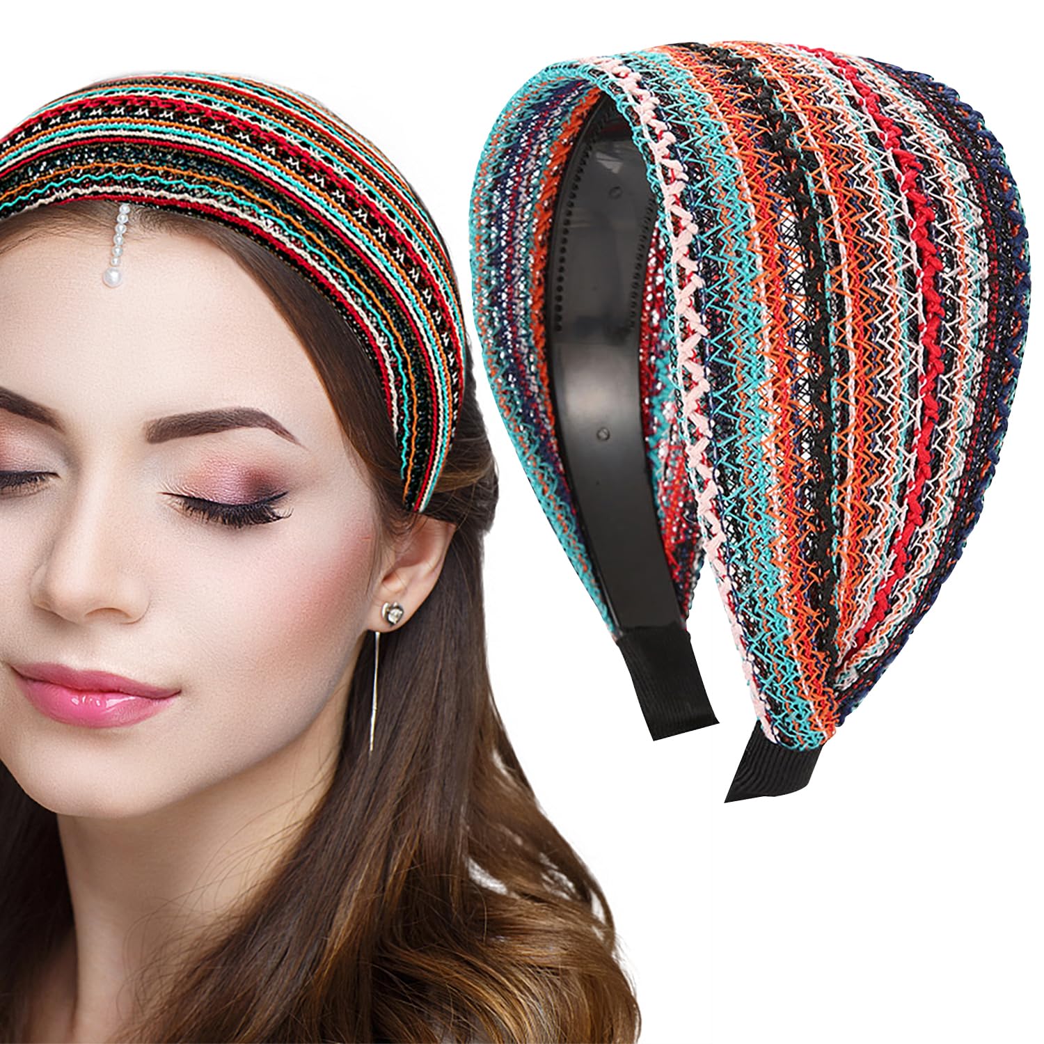 Colorful Extra Wide Hard Headbands, Boho Headband with Teeth Large Non Slip Headbands Fabric Hair Hoop Headwrap Fashion Hairbands Hair Accessories for Women Girls