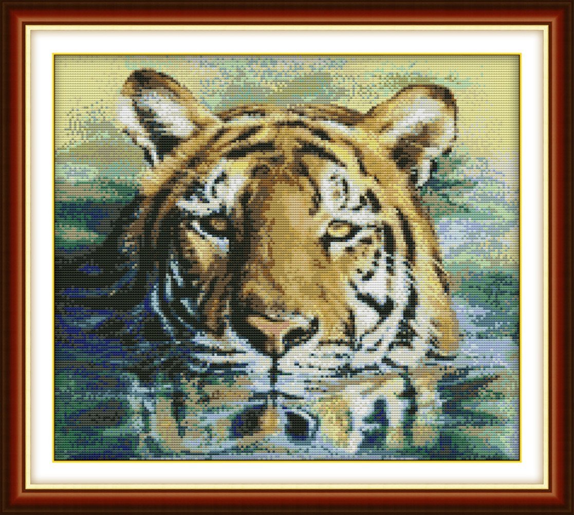 YEESAM ART Unstamped Cross Stitch Kits for Adults, Tiger Water 14ct Counted Unprinted Embroidery Kit Needlework Wall Art Decor
