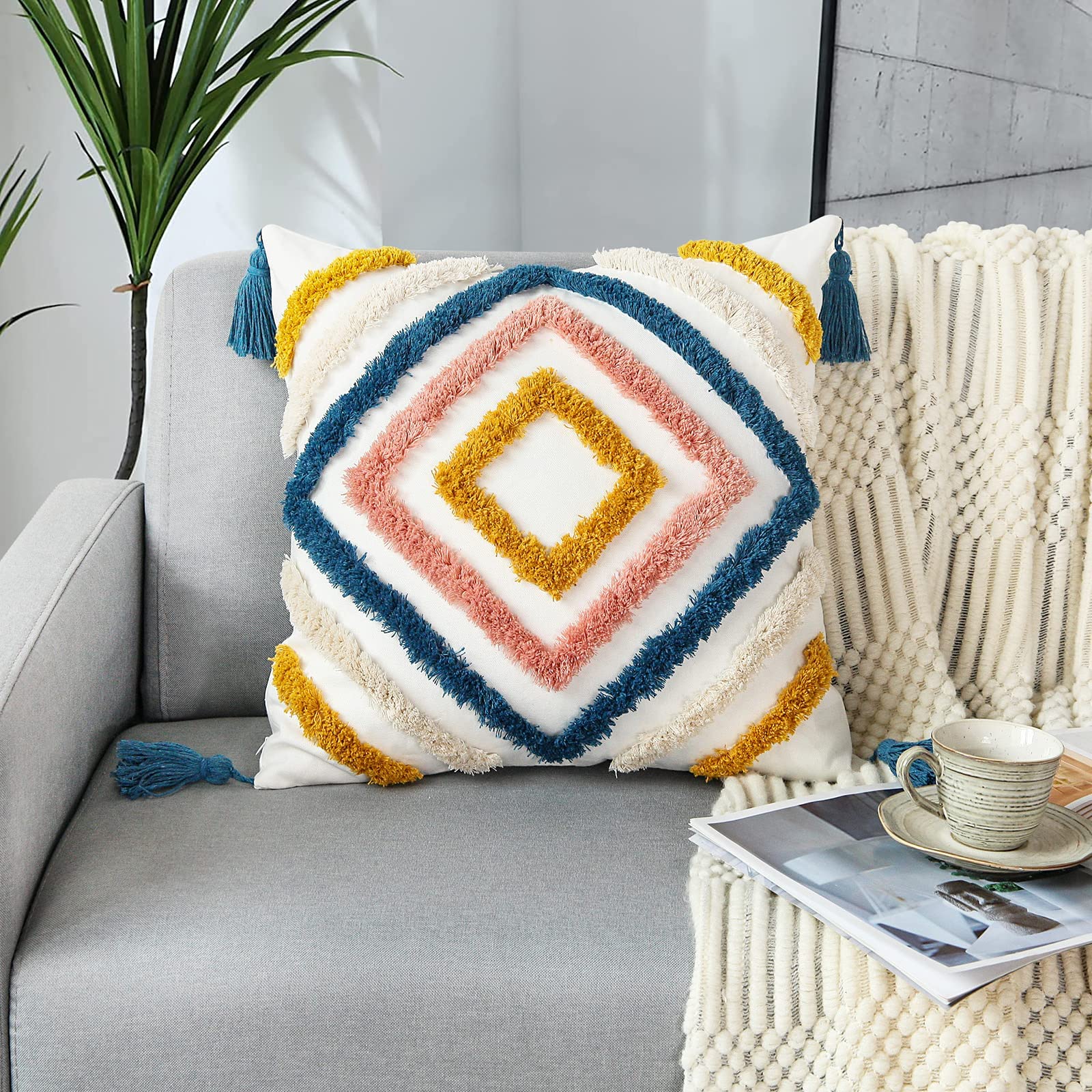 Photo 1 of JASEN Boho Throw Pillow Covers, Woven Tufted Decorative Pillow Covers with Tassel Diamond Pattern Pillow Covers for Couch Sofa Bedroom Living Room No Pillow Insert, (Blue, 18 x 18-Inch)