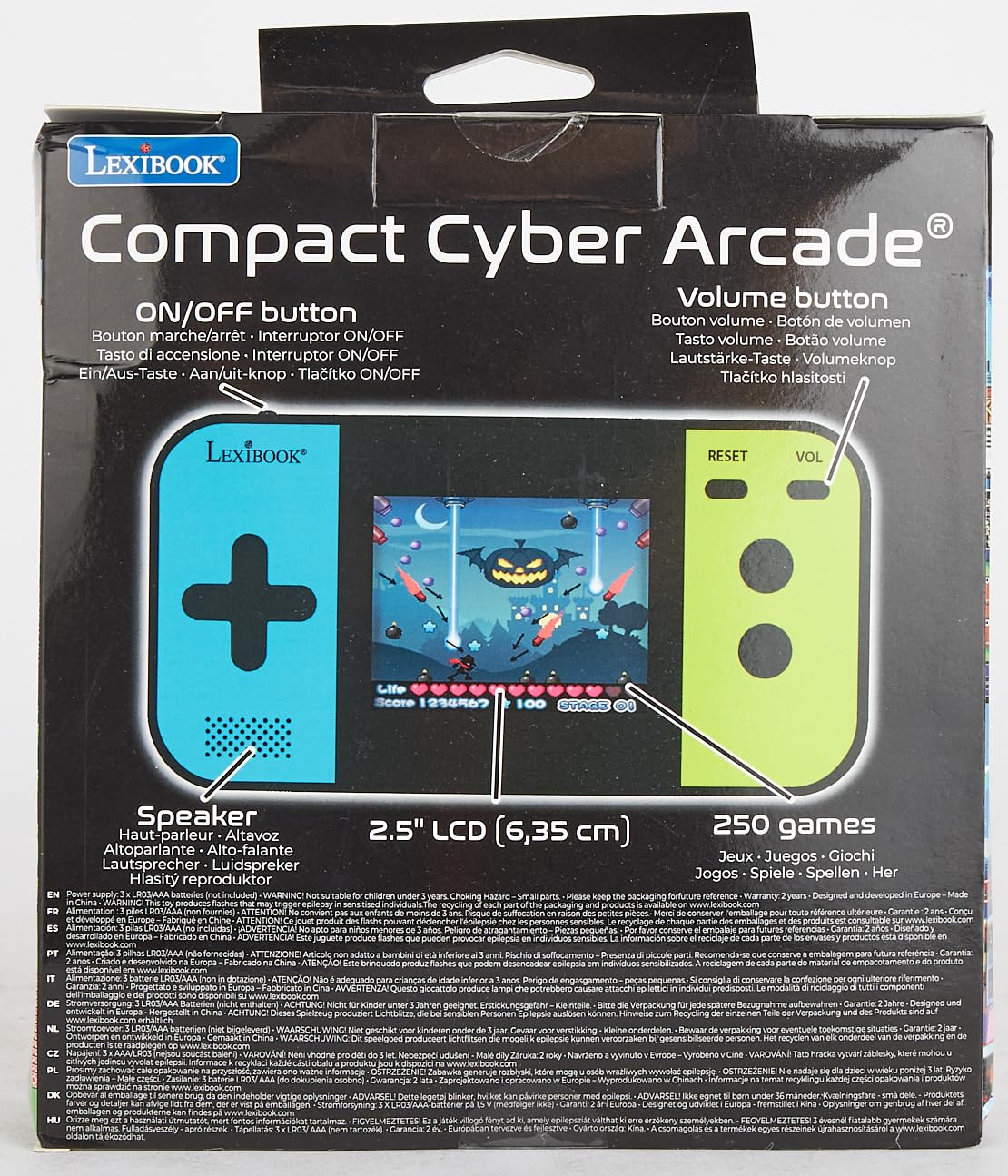 Lexibook Compact Cyber Arcade Portable Gaming Console, 250 Gaming, LCD, Battery Operated, Video Game for Children, Black/Blue/Green, JL2377
