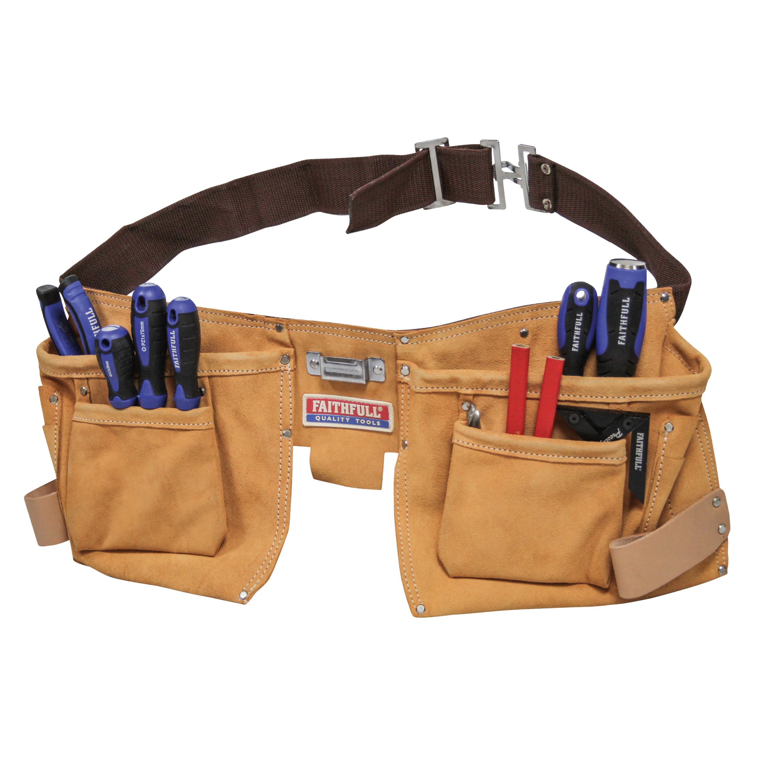 Faithfull Suede Leather Double Tool & Nail Pouch – 10 Pocket Tool Belt with Hammer Loops & Adjustable Webbing Belt (Fit: 29-46 Inch) for Carpenters, Roofers & Joiners - Tan