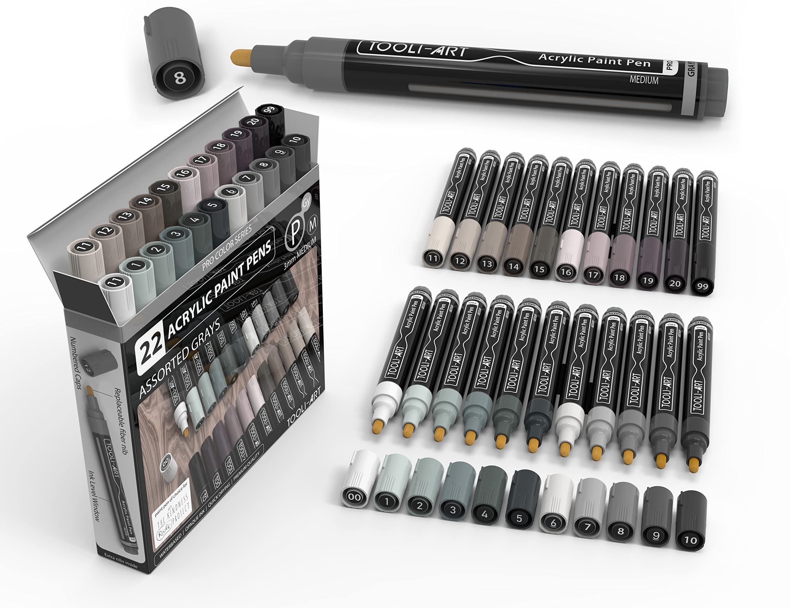 TOOLI-ART Acrylic Paint Pens 22 Assorted Pro Colour Series Markers Set 3mm Medium Tip for Rock Painting, Glass, Mugs, Wood, Metal, Canvas, DIY Projects, Non Toxic, Waterbased, Quick Drying. (GREY)
