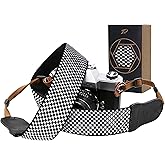 Padwa Lifestyle Black and White Fine Plaid Camera Strap - 2" Wide Cowhide Head Cotton Strap,Vintage Check Weave Neck Shoulder & Crossbody Camera Straps for Photographers Gift and All DSLR Cameras