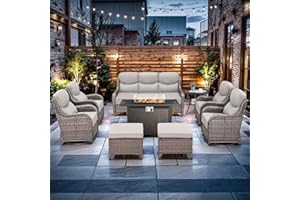 MOOSPRR Luxury High Back Outdoor Furniture with 6-inch Extra Thick Cushions, Patio Furniture Set with Fire Pit Table & Swivel Chairs, 9 PCS Wicker Conversation Set for Yard, Deck, Poolside, Brown/Beige