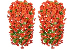HyeFlora Artificial Fake Fall Hanging Flowers Plants for Outdoor Outside, 2PCS Faux Silk Orange Morning Glory Trailing Vines UV Resistant Look Real for Home Planter Porch Patio