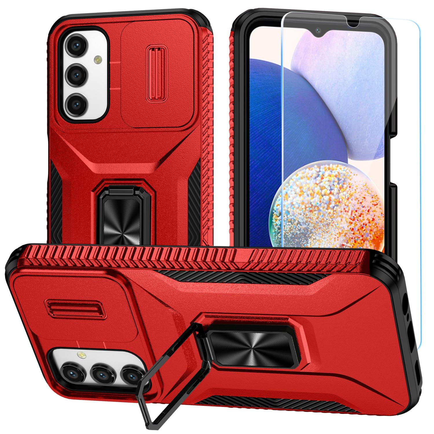 SunStory Phone Case for Samsung Galaxy A14 5G Case with HD Screen Protector & Slide Camera Cover & Rotated Ring Kickstand, [Military-Grade] Phone Case for Galaxy A14 5G,Y_Red