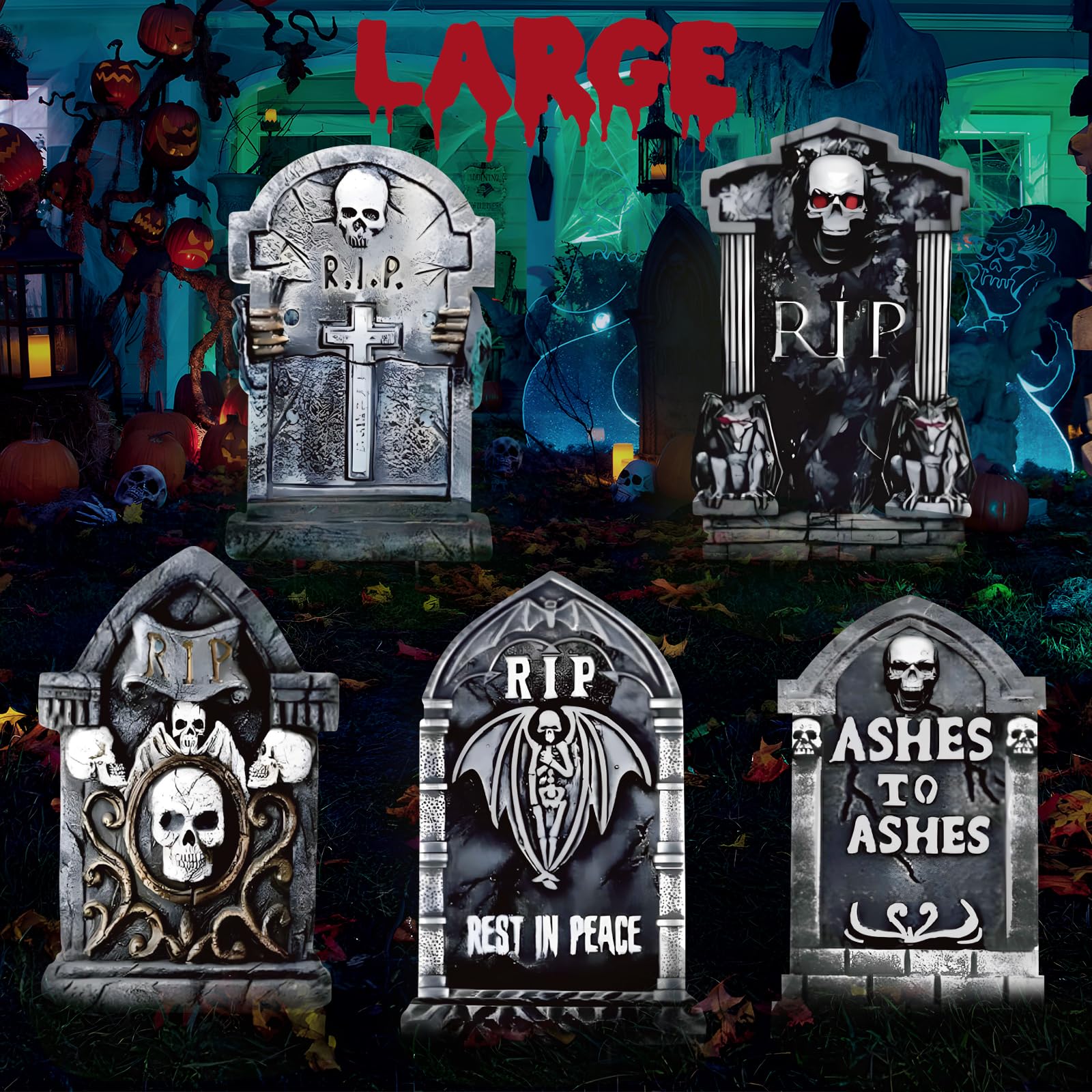 Photo 1 of 25.2inch Halloween Tombstones Decorations Outdoor, DIY Large Tombstones for Graves Halloween Graveyard Decor,5PCS Halloween Yard Signs Decorations for Cemetery