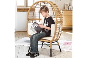 Murago Rattan Egg Chair for Children, Indoor Outdoor Wicker Kids Egg Chair, Patio, Bedroom, Living Room, Overstuffed Cushions, Natural Rattan with Beige Cushion