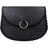 HiiFeuer Viking Embossed Belt Bag, Vintage Medieval Faux Leather Side Pack, Middle Ages Portable Belt Pouch For LARP Ren Faire (Black B)