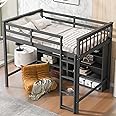 SOFTSEA Twin Size Loft Bed with Storage Shelves, Solid Wood Loft Bed with Bookcase & Underbed Space, High Loft Bed Frame with Ladder for Kids Boys Girls Teens, Grey