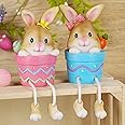 Lulu Home Easter Bunny Figurine, Set of 2 Resin Pot Bunny Shelf Sitters with Dangling Legs, Cute Modern Easter Statue Tabletop Sculpture Centerpieces Decorations
