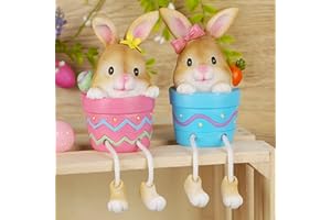 Lulu Home Easter Bunny Figurine, Set of 2 Resin Pot Bunny Shelf Sitters with Dangling Legs, Cute Modern Easter Statue Tabletop Sculpture Centerpieces Decorations