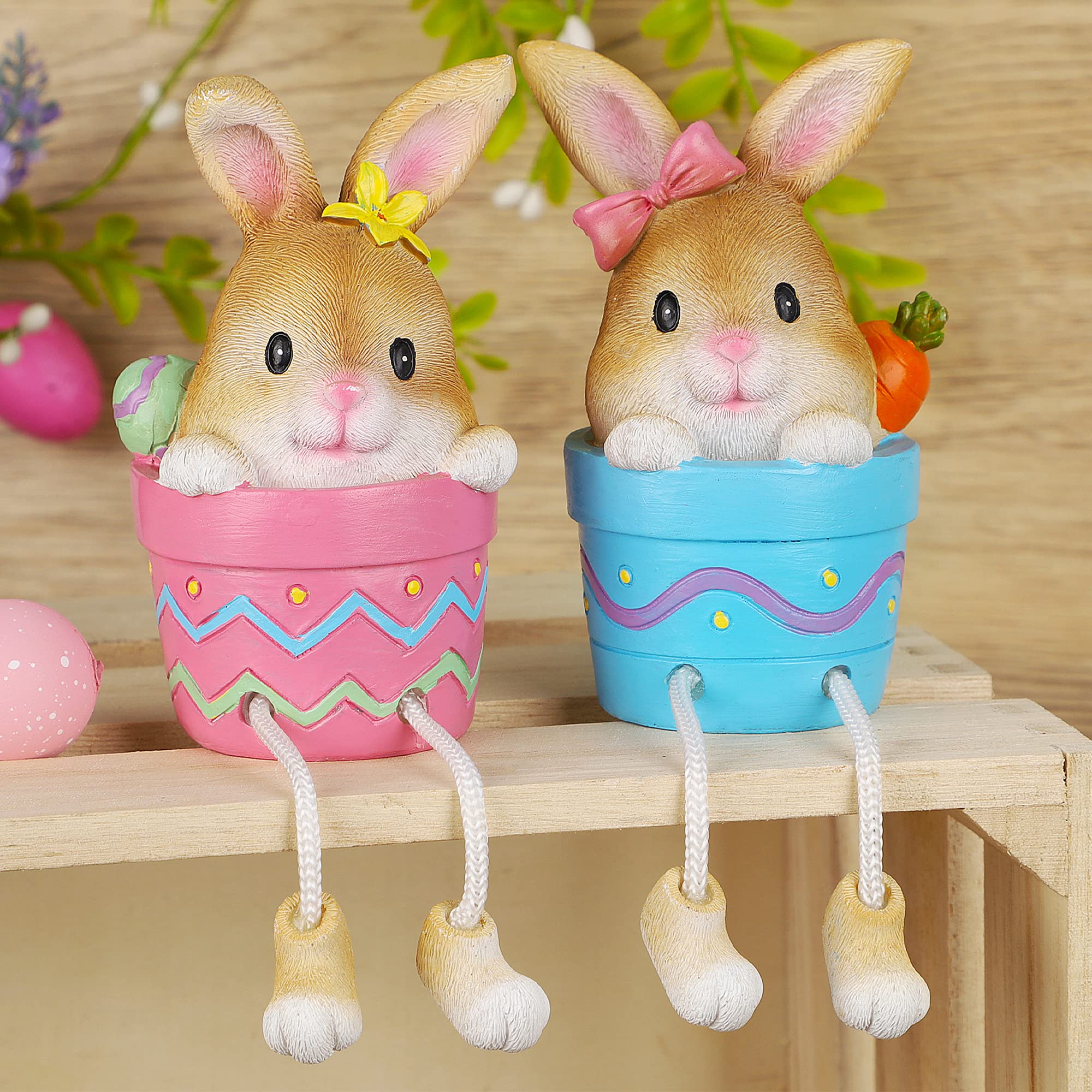 Photo 1 of Lulu Home Easter Bunny Figurine, Set of 2 Resin Pot Bunny Shelf Sitters with Dangling Legs, Cute Modern Easter Statue Tabletop Sculpture Centerpieces Decorations