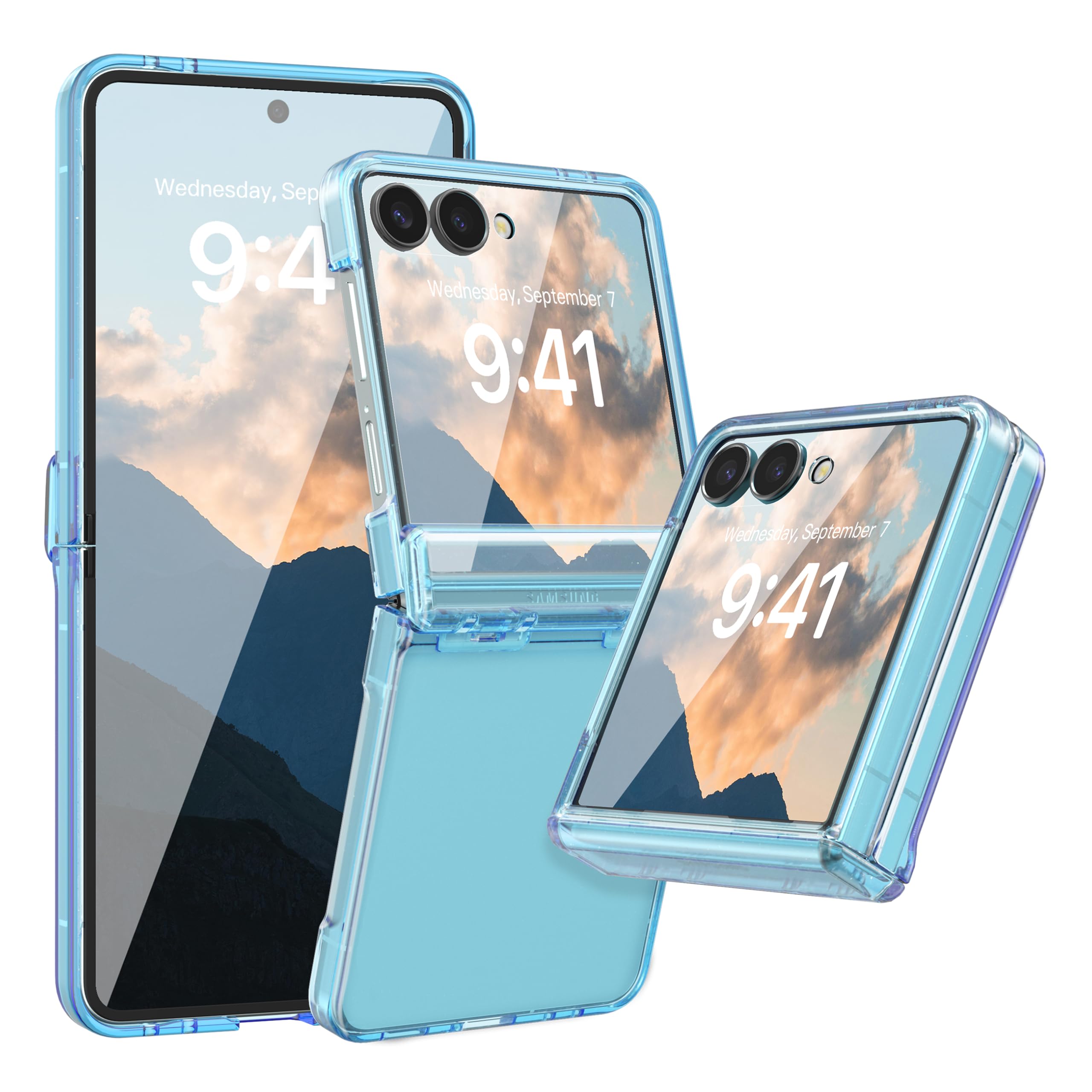 FABSPARK Case for Samsung Galaxy Z Flip 7 Built-in Screen Protector,Hinge Protection,Crystal Clear Transparent Anti-Yellow Slim Fit Acrylic Hard PC for Samsung Z Flip 7 Case,Clear Blue