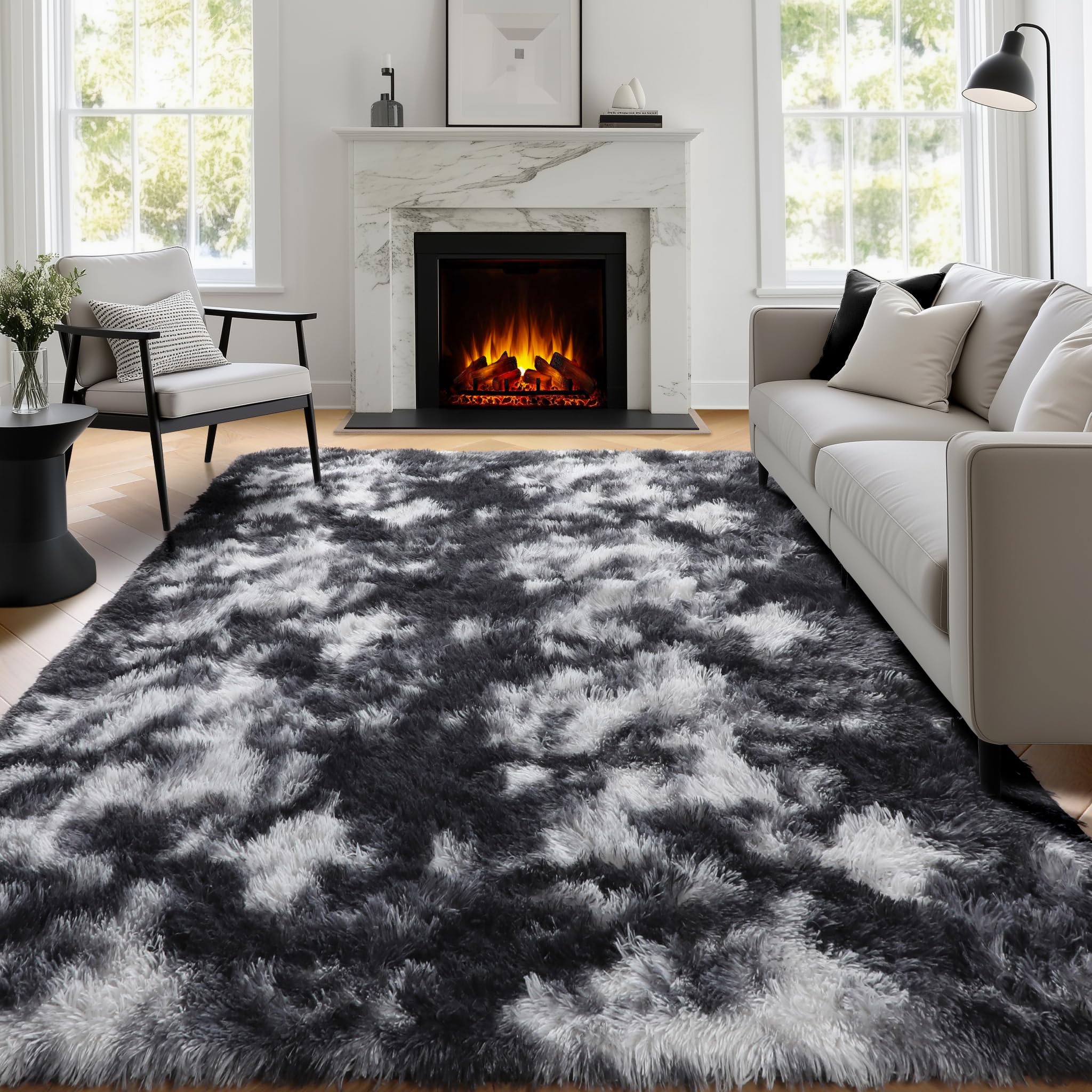 Photo 1 of PAGISOFE Black White Grey Rugs for Living Room 5x8, Shag Fuzzy Fluffy Rectangular Rugs for Kids Room Playroom Classroom Dorm Shaggy Soft Carpet for Home Decor Aesthetic Plush Bedside Rug Modern Cool