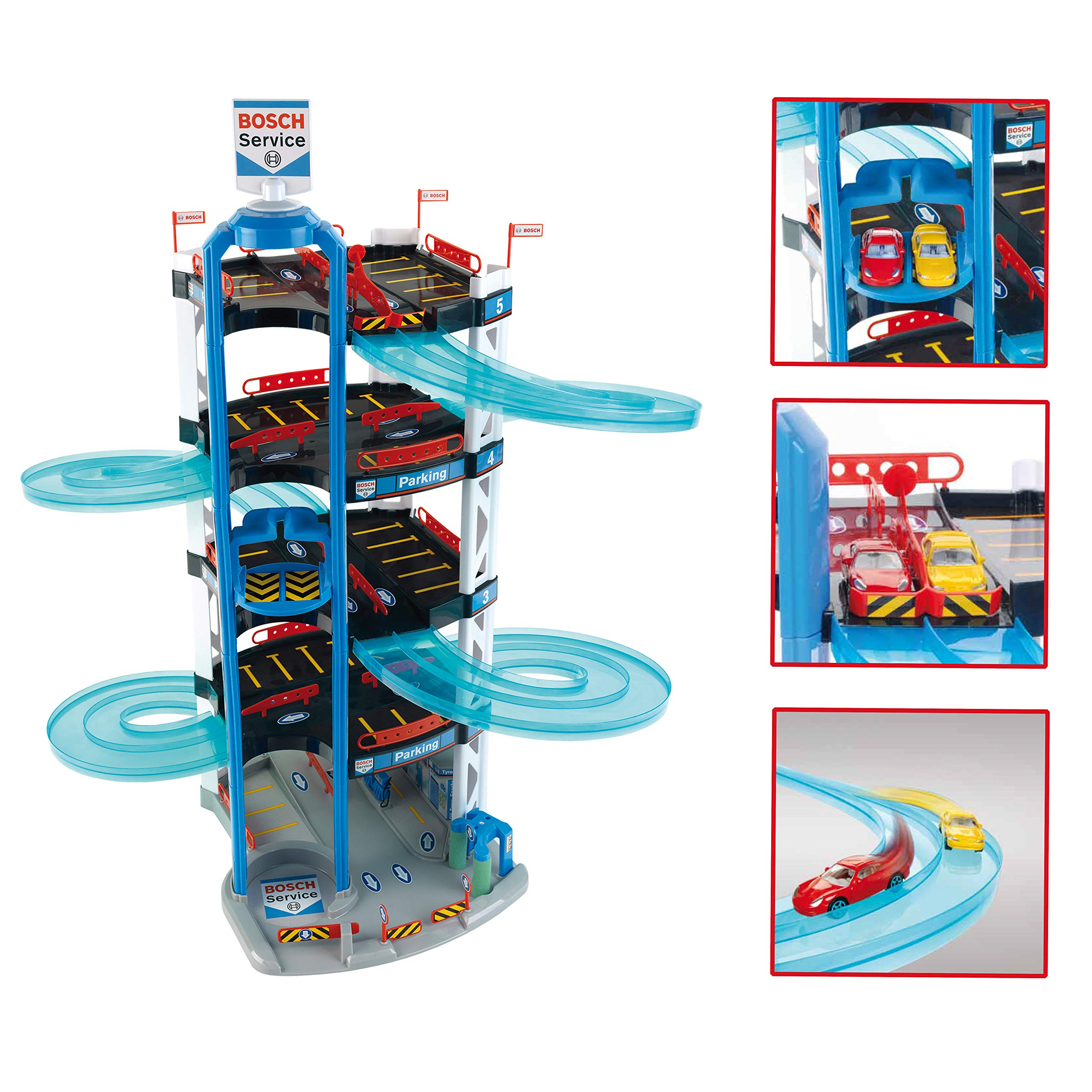 Theo Klein 2813 Bosch Car Service Parkhaus I Mit 5 Ebenen, doppelter Abfahrtrampe, 2 Rennautos, Fahrstuhl und vielem mehr I Maße: 55 cm x 55 cm x 85 cm I Spielzeug für Kinder ab 3 Jahren 3