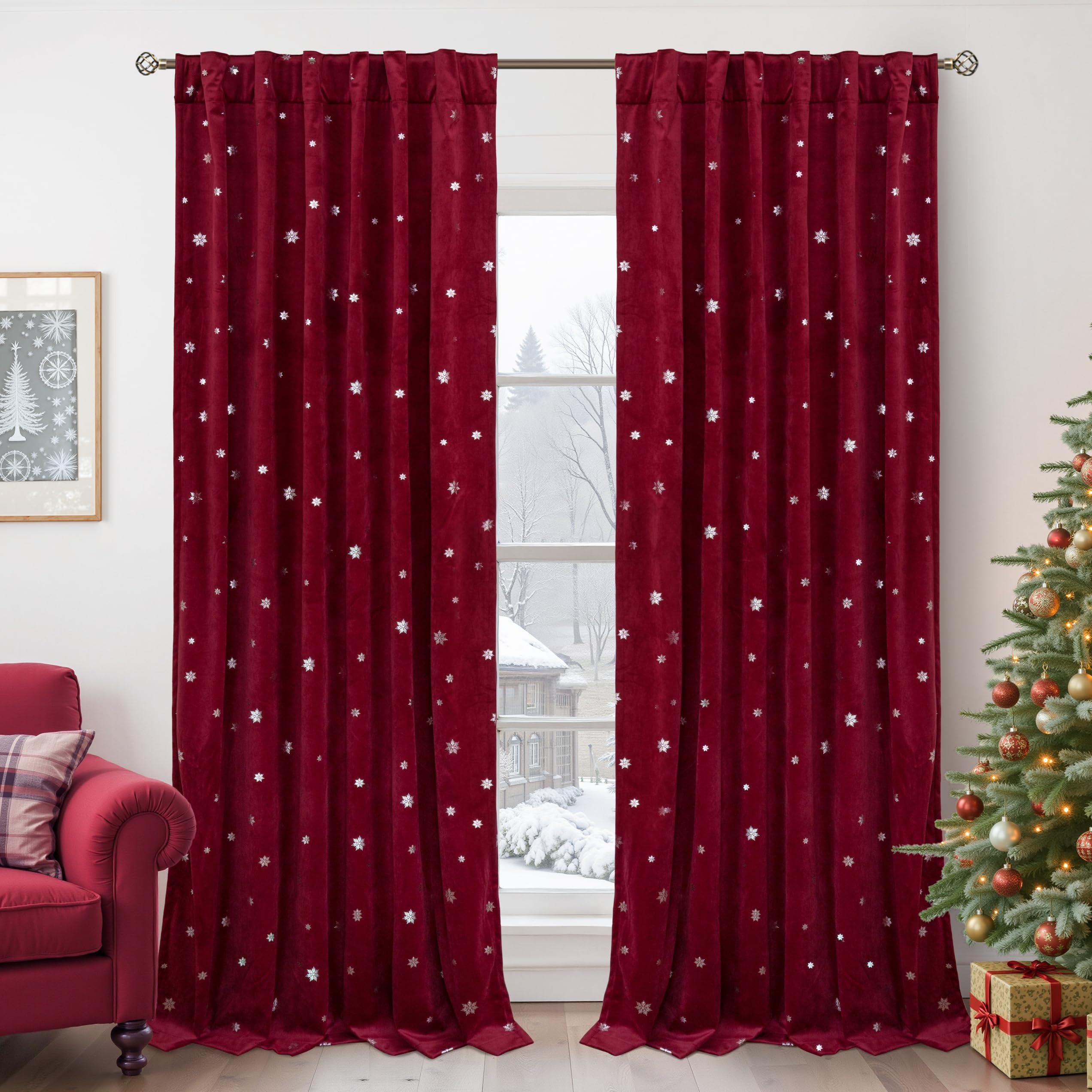 BGment Christmas Velvet Curtains with Snow Silver Printed 90 Inches Long, Elegant Thermal Insulated Blackout Back Tab and Rod Pocket Curtains for Living Room, 2 Panels, 52 x 90 Inch, Burgundy Red Image