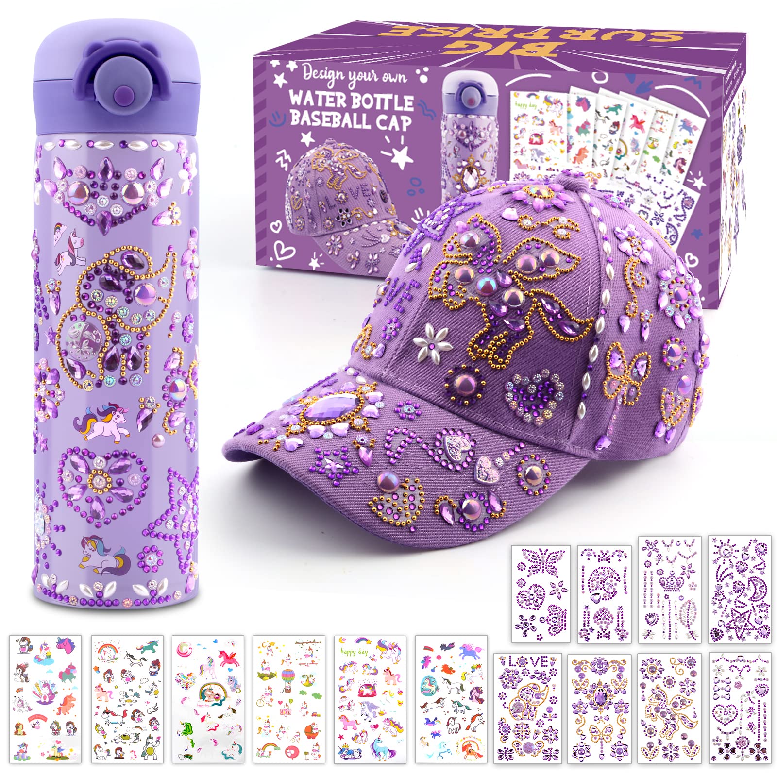 Coosilion Gifts for Kids 4 5 6 7 8 9 10 12 Years Old-Decorate Your Own Water Bottle Baseball Cap with Cute Stickers, Birthday Gifts for Girls, DIY Arts & Crafts, School Supplies for Girls