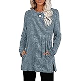 SAMPEEL Womens Sweaters Crewneck Long Sleeve Shirts with Pockets Fall Outfits 2025 Fashion Winter Clothing Side Slit