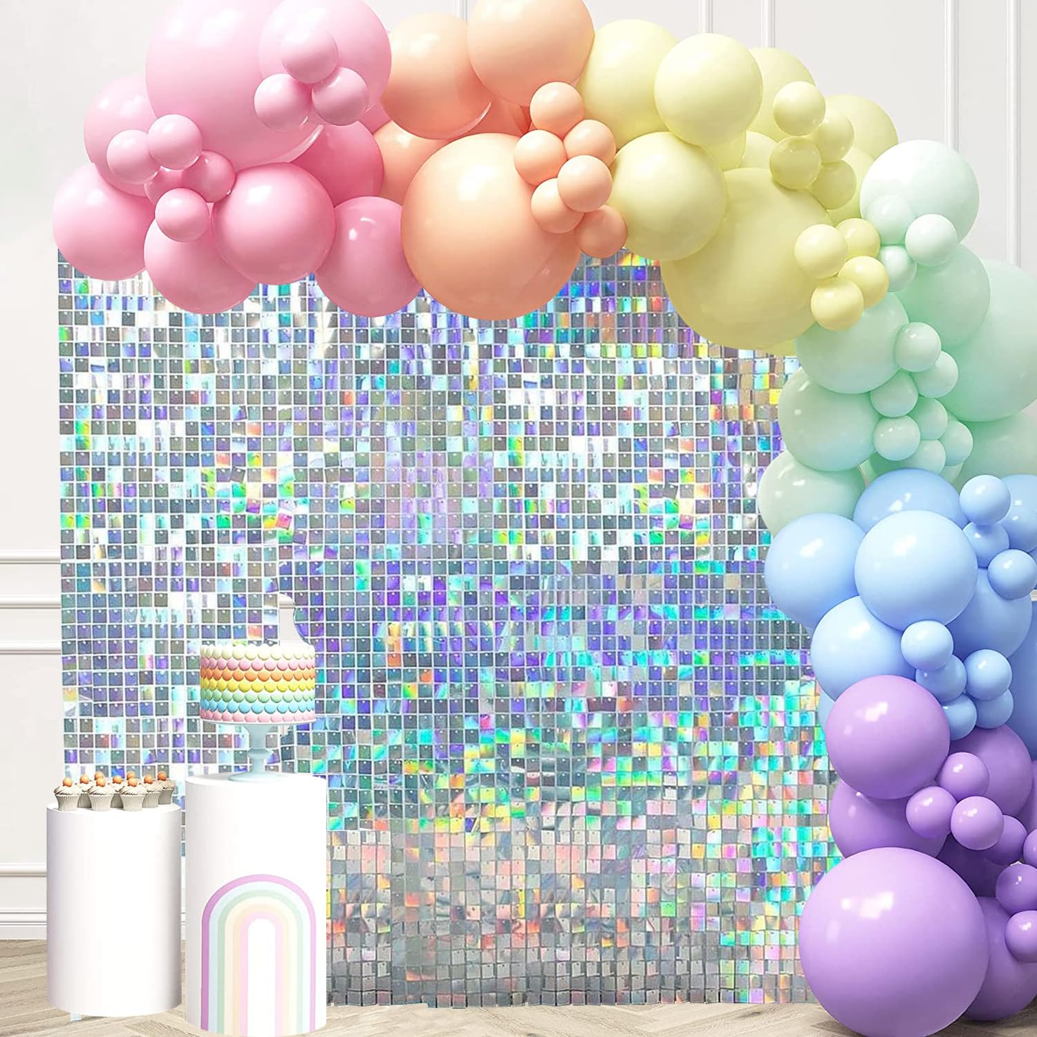 Photo 1 of *** 16 PIECES****      24 Pcs Iridescent Silver Shimmer Wall Backdrop Panels for Party, Mjkeomo 4 FT x 6 FT Iridescent Silver Sequin Backdrop for Birthday Graduation Home Party Decorations Anniversary Decor