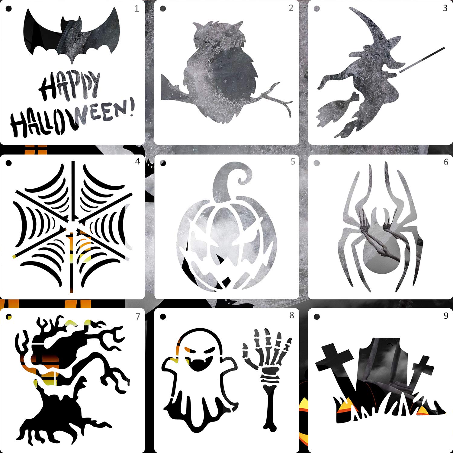 LLGLTEC 9 Pieces Halloween Stencils Template DIY Halloween Designs 7.9\'\'x7.9\'\' Extra Large Reusable Plastic Crafts for Painting on Wood, Paper, Fabric, Glass, Wall Art