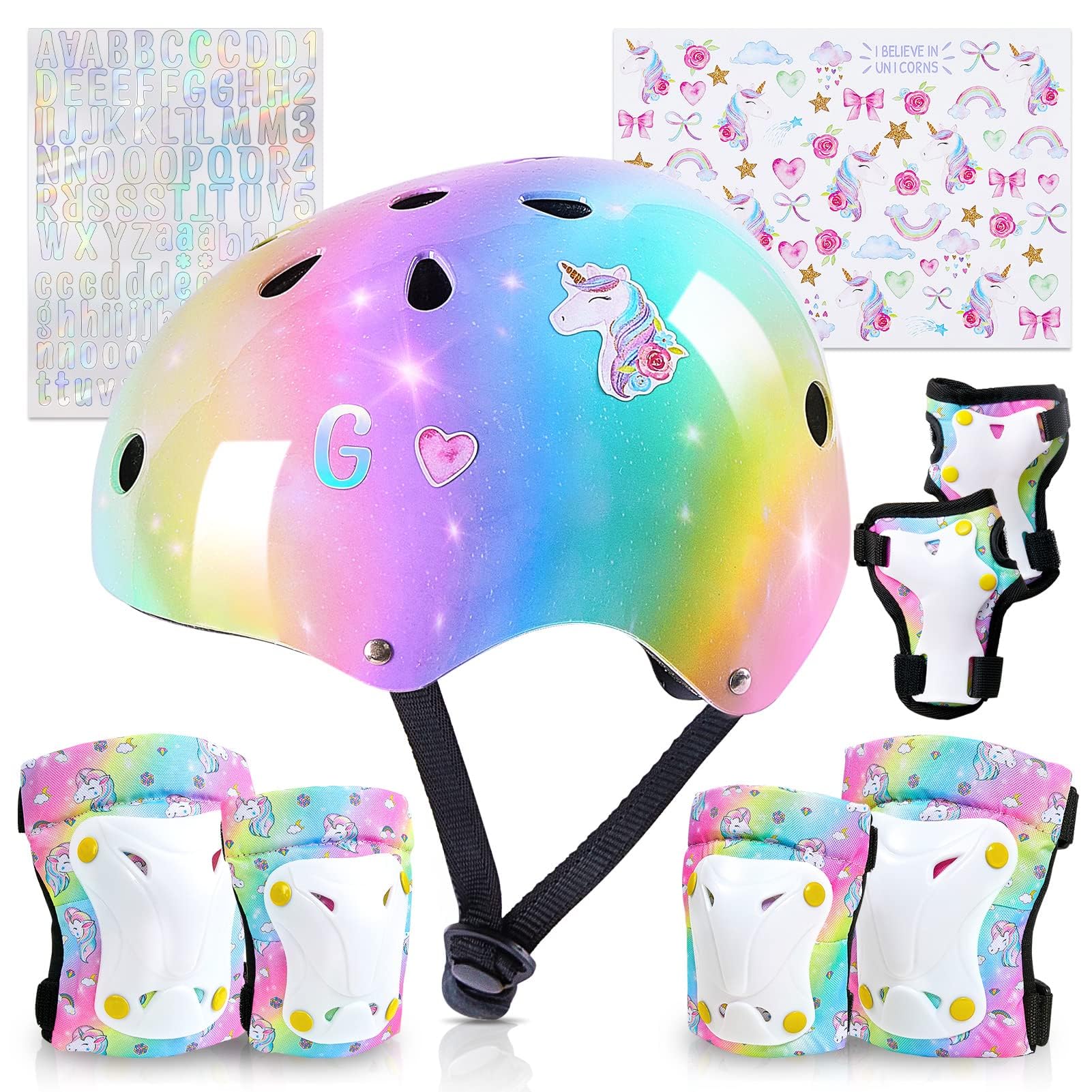 Kids Helmet and Pads Set Unicorn Knee Pads and Elbow Pads Set with Stickers Adjustable Protective Gear Set for Girls Age 3-8 Years fit Bicycle,Skateboarding,Scooter, Rainbow