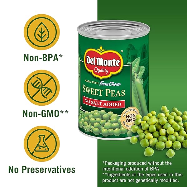 DEL MONTE FRESH CUT NO SALT ADDED SWEET PEAS, CANNED VEGETABLES, 15 OZ CAN