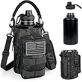 DEFUNX Half Gallon Water Bottle Insulated with Sleeve - Tactical 64 oz Stainless Steel Water Jug with MOLLE Water Bottle Pouch, Gym Water Bottles for Men Hiking Workout (Black Camo)