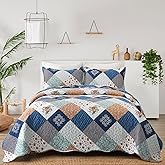 Dinjoy Reversible Patchwork Quilt Bedding Set Queen Size Blue Green Grey Plaid Floral Pattern Bedspread Set Soft Microfiber Coverlets Bed Set 3 Pieces Fall Autumn All Season Use