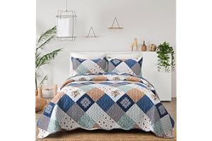 Dinjoy Reversible Patchwork Quilt Bedding Set Queen Size Blue Green Grey Plaid Floral Pattern Bedspread Set Soft Microfiber Coverlets Bed Set 3 Pieces Fall Autumn All Season Use