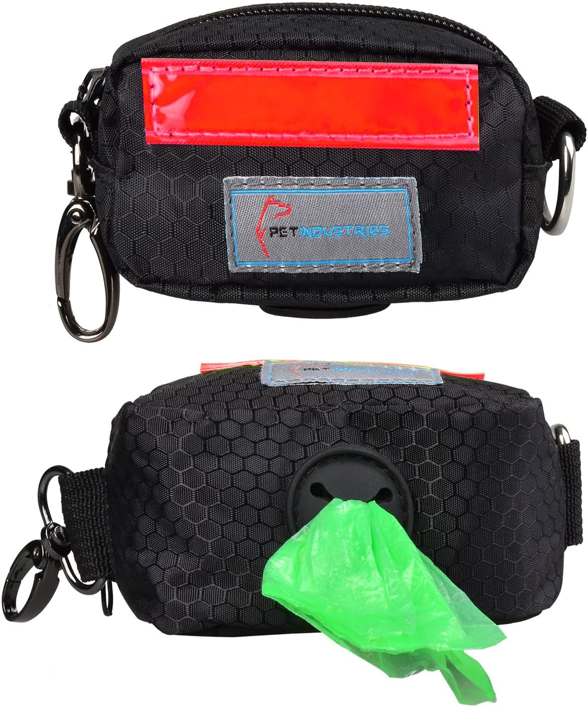 Pet Industries Dog Poop Bag Holder Dispenser, Heavy-Duty Waterproof Material, Reflective Strip, Zippered Pouch & Carabiner Clip for Easy Carry and Velcro Leash Attachment Strap