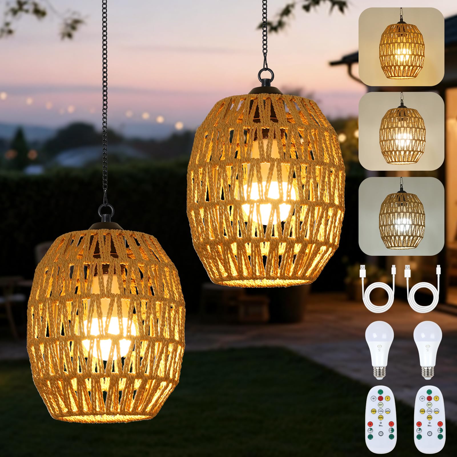 Photo 1 of 2-Pack Battery Operated Outdoor Chandelier For Gazebo, Boho Rechargeable Chandelier For Porch With Remote, Battery Powered Pendant Light Set of 2, Cordless Hanging Light For Indoor Outdoor Patio