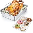 Roasting Pan with Rack, P&P CHEF 14 Inch Stainless Steel Roaster Lasagna Pan & V-shaped Rack & Roasting Rack, Non Toxic & Heavy Duty, Brushed Surface & Dishwasher Safe, Rectangular