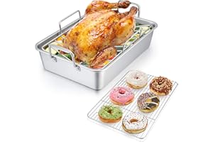 P&P CHEF 14" Roaster Roasting Pan with Baking Rack and V-shaped Rack, Stainless Steel Rectangular Lasagna Pan with Handles for Turkey Chicken, Healthy & Dishwasher Safe, 3 Pieces, Silver