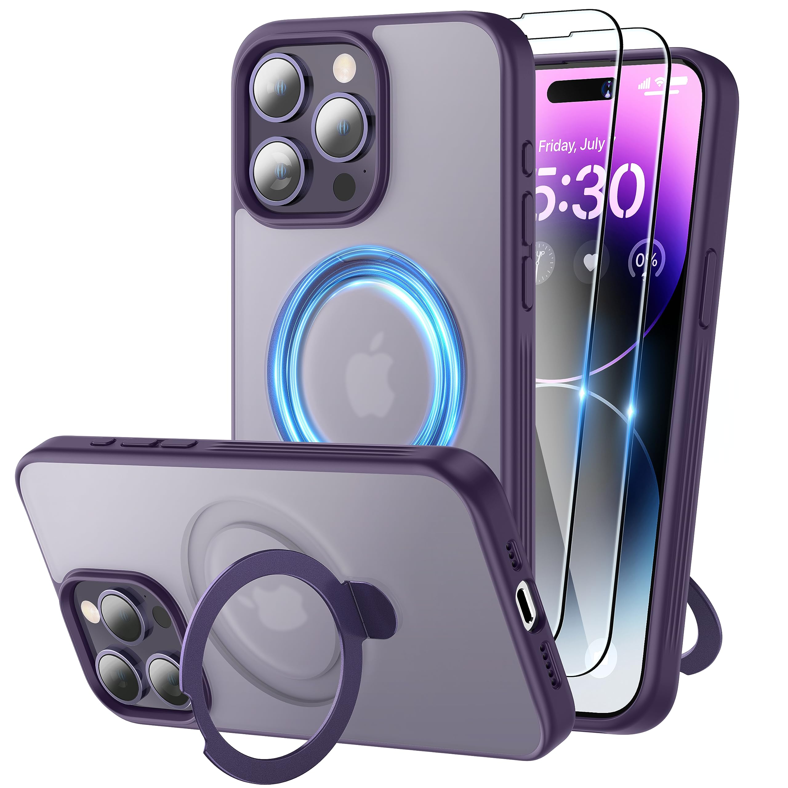 Niunisi Magnetic for iPhone 15 Pro Case with Stand, Invisible Ring Holder with Screen Protector Compatible with MagSafe Slim Frosted Matte Phone Case Cover 6.1-Inch (2023), Purple