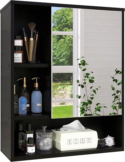 SMIBUY Bamboo Wall Mounted Bathroom Mirror Cabinet Black 16x55x61 cm