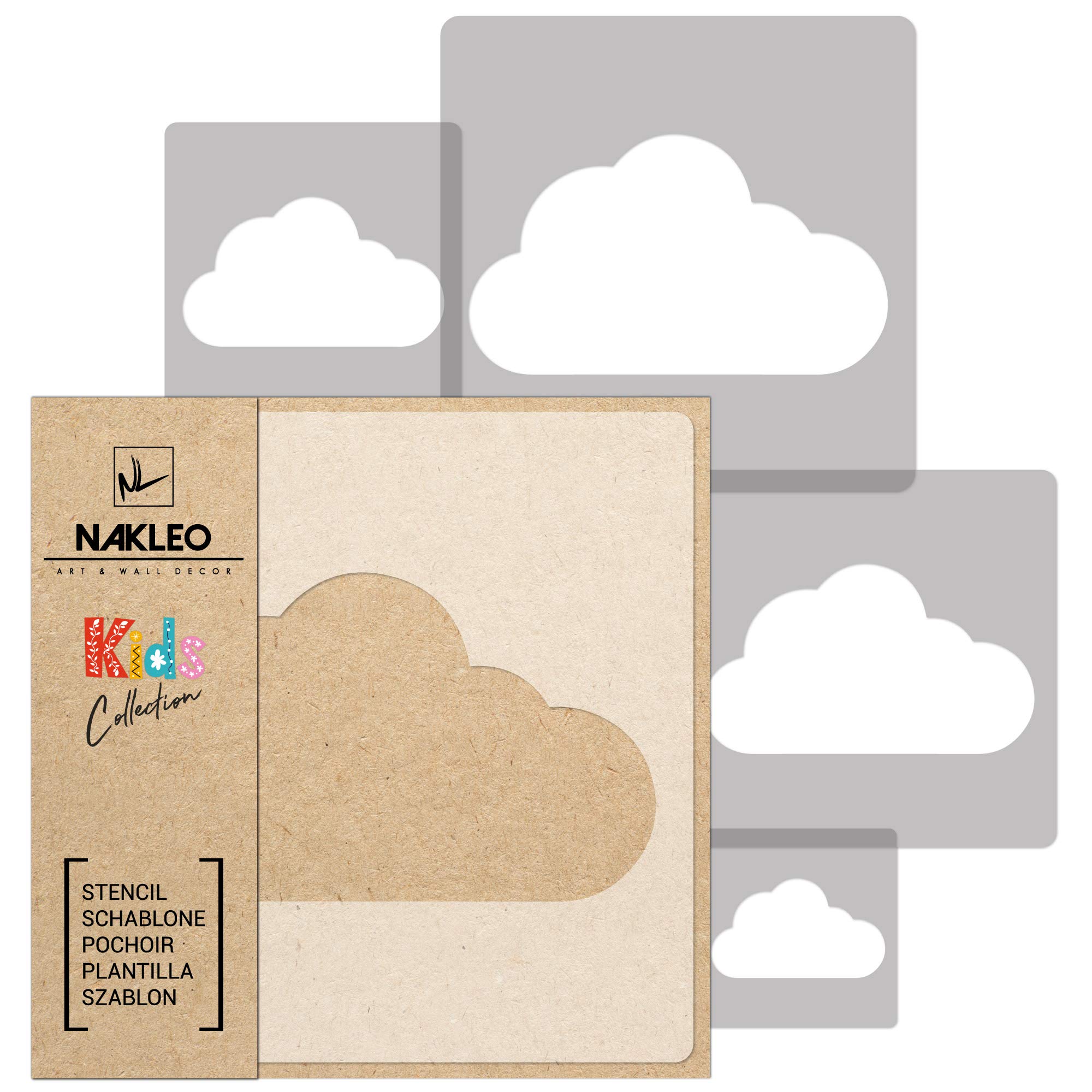 NAKLEO Painting Stencils Set for Nursery Room, 5 Pcs Templates 9x9 to 34x34cm Clouds Sky, Plastic and Reusable Drawing Stencils, Decor, Craft DIY Wall Furniture