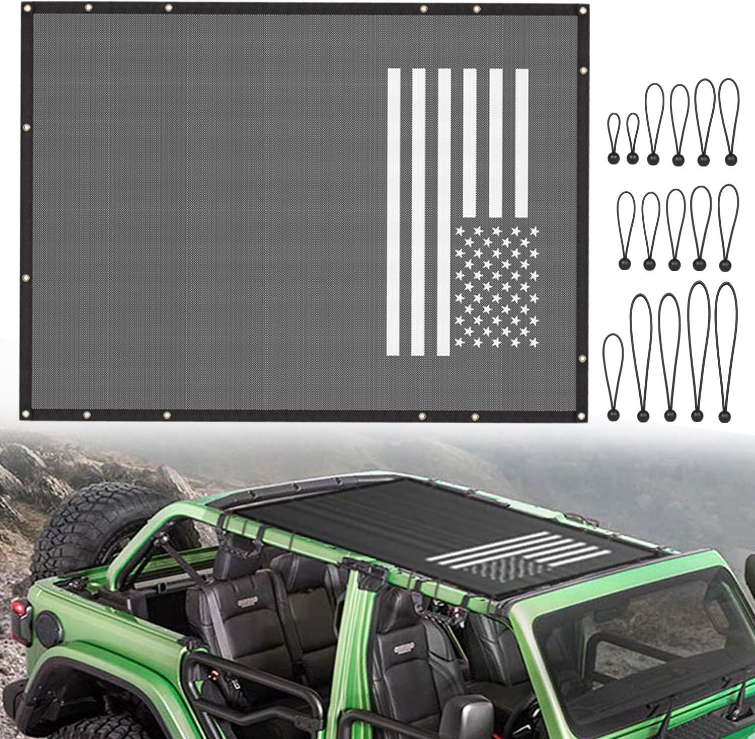 Opall Sunshade Durable Mesh Sunshade Top Cover Provides UV Sun Protection for 2018 2019 Jeep Wrangler JL JLU 4 Door Black American Flag