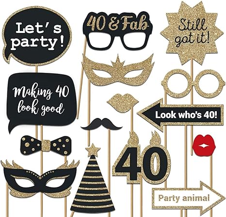 Amazon Com Fully Assembled 40th Birthday Photo Booth Props Set Of 30 Black Gold Selfie Signs 40th Party Supplies Decorations Cute 40th ay Designs With Real Glitter