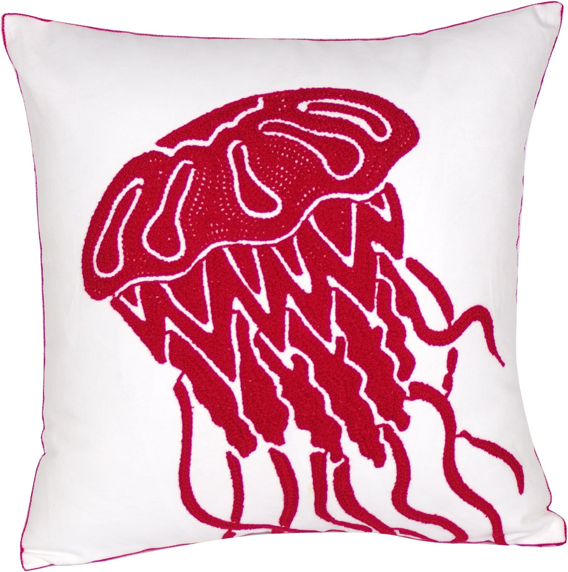 Embroidered Cute Nautical Animal Pillow Cover,Square 18 Inches Decorative Canvas Pillow Cover for Nautical Style Deco by (Red-Jellyfish)