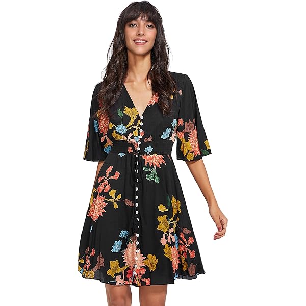 ROYLAMP Women's Button Up Split Dress Deep V Short Sleeve Casual Summer  Flowy Midi Dress with Pockets Black S at Amazon Women's Clothing store