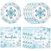 KHAIVI 40PCS Blue Snowflake Party Supplies Winter Wonderland Birthday Party Supplies Tableware Set Including Blue and Silver Snowflake Plates Napkins for Christmas Holiday Winter Parties
