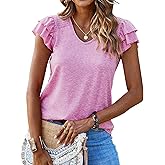 Hount Womens V Neck Ruffle Short Sleeve Tops Casual Ribbed Cute T Shirts Loose Fit Summer Shirts Blouses