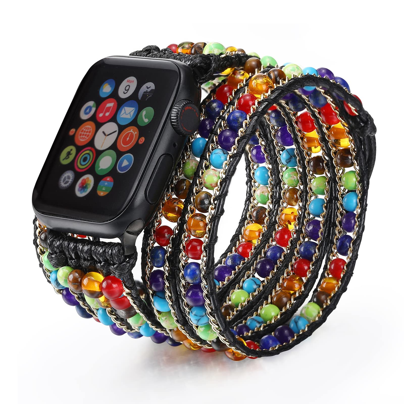 CHARMINGO Boho 5 Wraps Bracelet Compatible with Beaded Apple Watch Band for Women Men 42mm/44mm/45mm, 7 Chakra Apple Watch Strap for Iwatch Band Series 7/6/5/4/3/2/1/SE