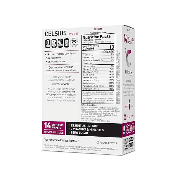 CELSIUS ON-THE-GO POWDER STICK PACKS, ZERO SUGAR (14 STICKS PER PACK), BERRY, 2.5 OUNCE, (PACK OF 14)