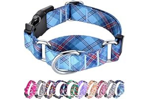 Hikiko Dog Collar for Small Medium Large Dogs, Adjustable Nylon Martingale Collars with Quick Release Buckle (Blue Plaid,M)