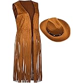Foaincore Fringe Vests Cowgirl Outfits for Women 70s Hippie Clothes Vest Jacket Faux Suede Tassels Western Cowgirl Hat